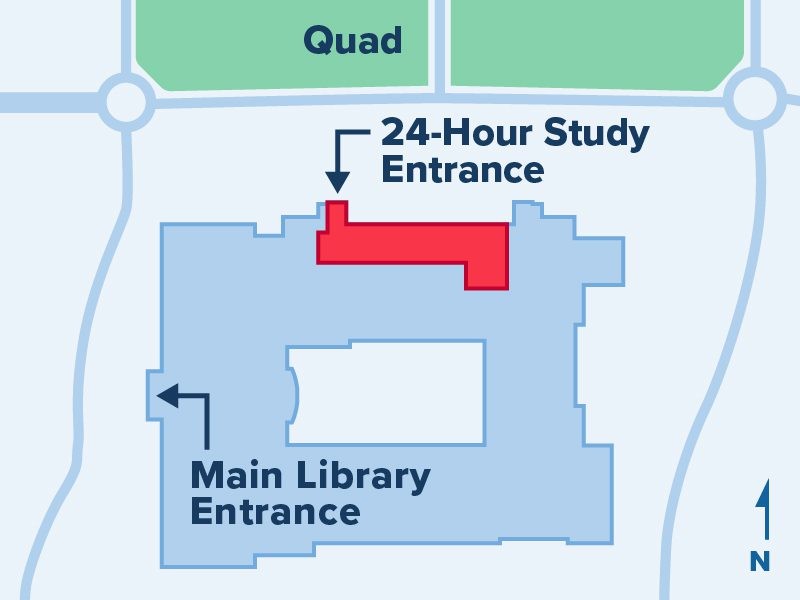 Map showing the location of the 24-hour study room at Peter J Shields Library