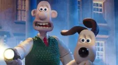 Wallace and Gromit in Vengeance Most Fowl, running away from danger, Wallace holding a torch, showcasing the classic animated duo.