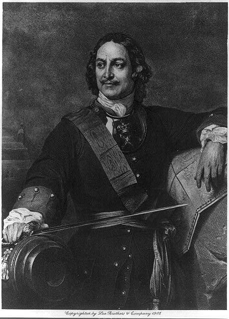 Peter the Great portrait. A half-length depiction from the Library of Congress collection, showcasing the Russian Emperor with a sword, a key figure for Peter the Great studies and 18th-century Russian history research.