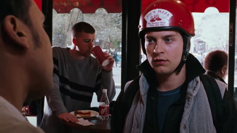 Tobey Maguire as Spider-Man with Joe's Pizza Helmet