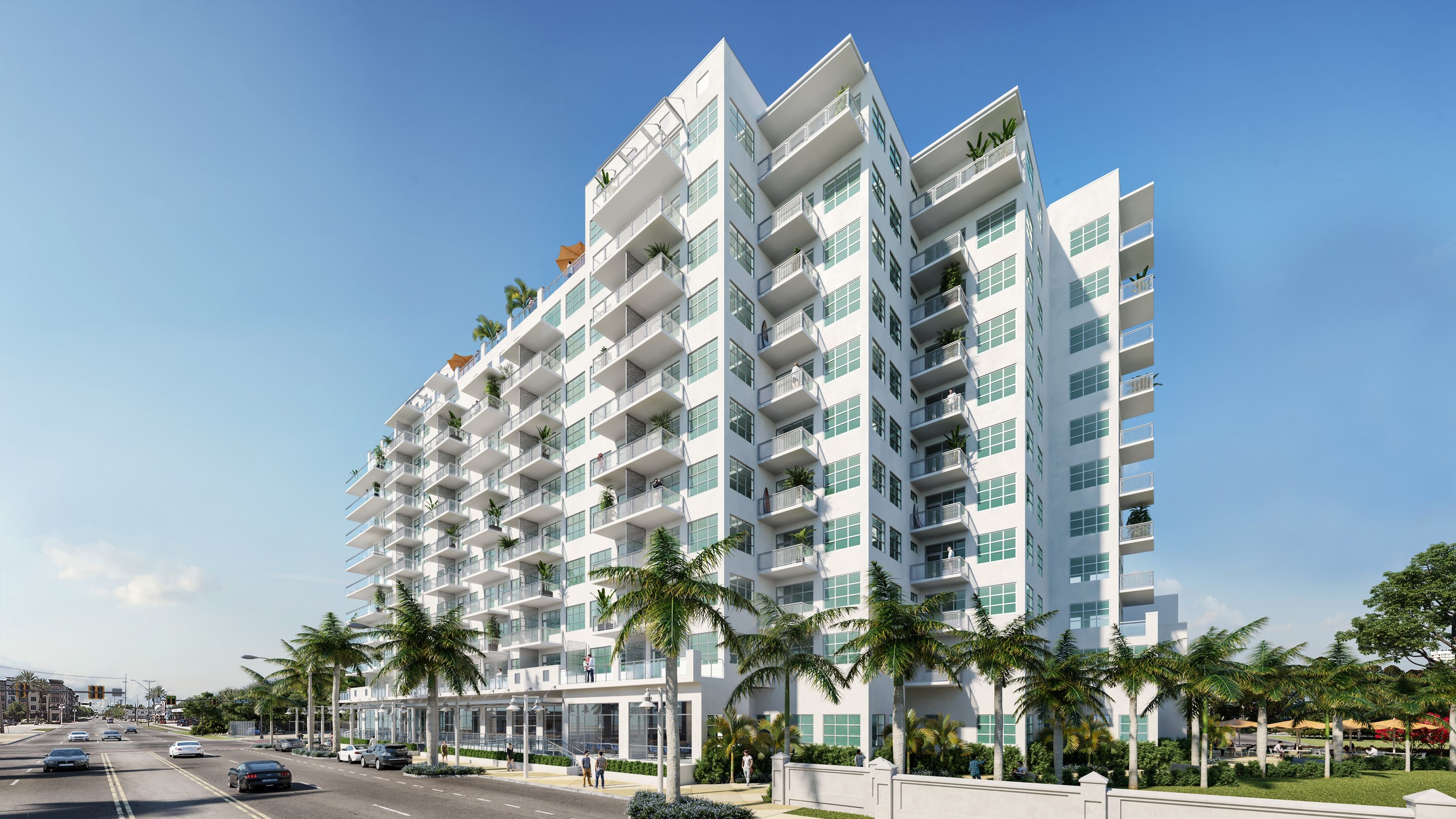 Vantage St Pete exterior view showcasing the modern architecture of the apartment complex in St. Petersburg, Florida.