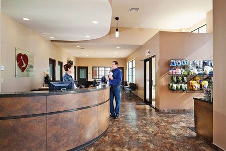 Reception area with curved desk and warm lighting