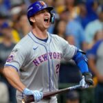 Pete Alonso of the New York Mets celebrates after hitting a home run in the ninth inning against the Milwaukee Brewers during Game 3 of a wild-card series at American Family Field Oct. 3, 2024, in Milwaukee.