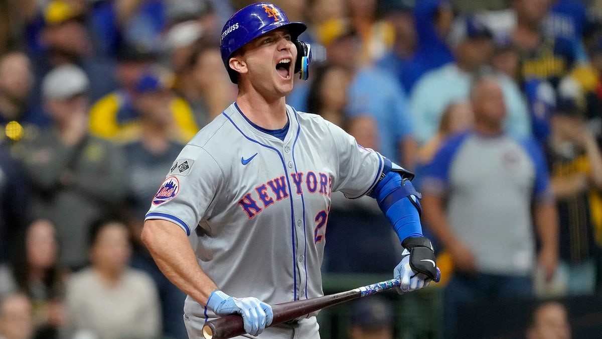 Pete Alonso of the New York Mets celebrates after hitting a home run in the ninth inning against the Milwaukee Brewers during Game 3 of a wild-card series at American Family Field Oct. 3, 2024, in Milwaukee.