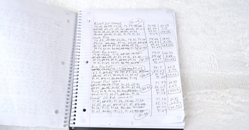 A notebook detailing over 400 precise measurements of stain lightness taken with a spectrophotometer, ensuring objective and data-driven evaluation of carpet shampooer stain removal performance.