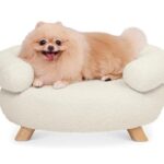 Aldi Heart to Tail Luxury Pet Sofa in Boucle fabric, showcasing its oval shape and wooden legs.