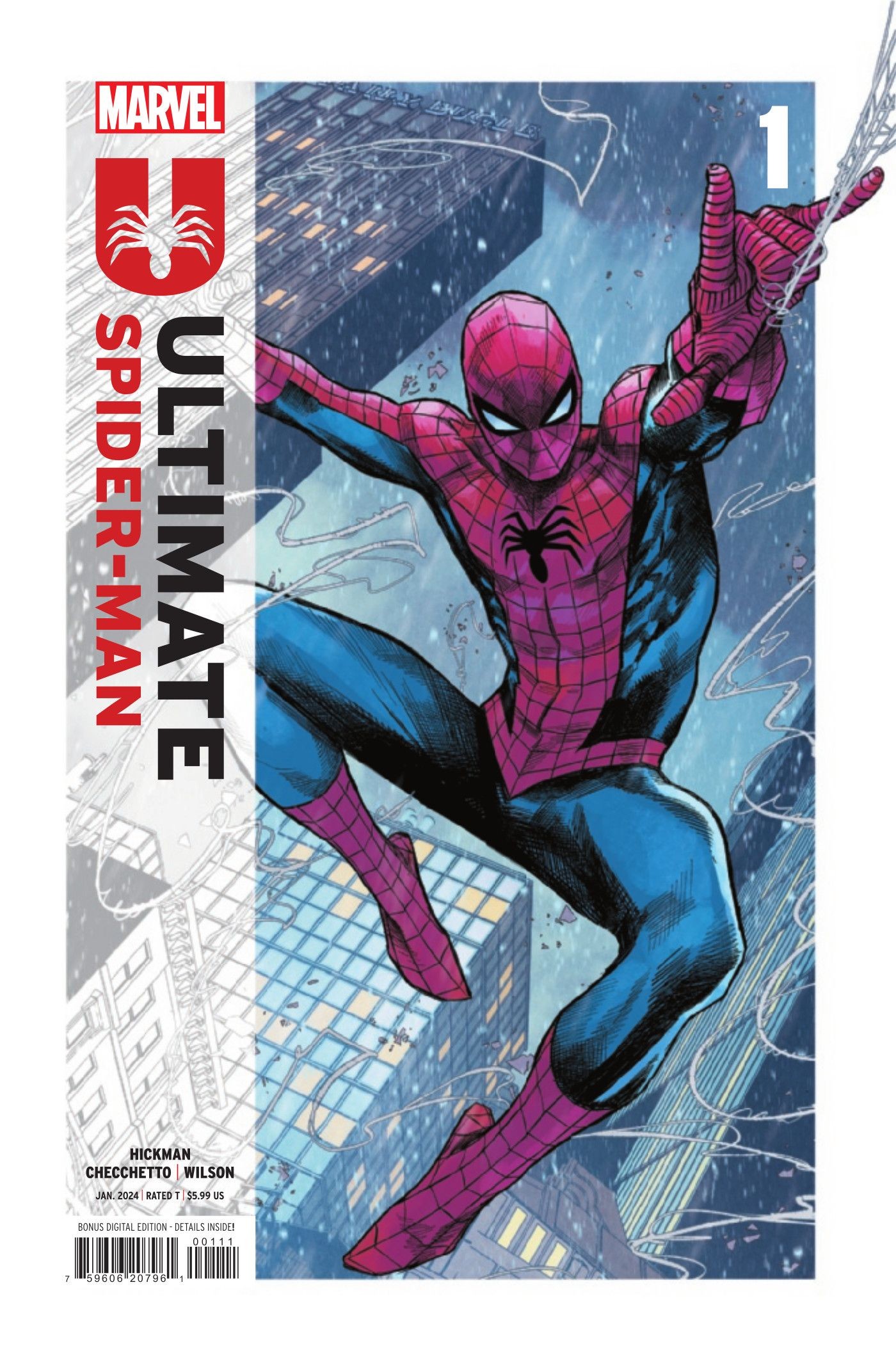 Spider-Man slynger sit spind over byen på Ultimate Spider-Man #1 Cover af Marco Checcetto og Matthew Wilson