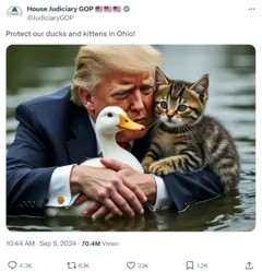 X/JudiciaryGOP A screenshot of the official Republican House Judiciary Committee X account with an AI-generated image of former president Trump hugging a duck and a cat with the caption