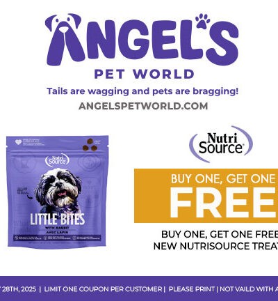 NutriSource dog treats BOGO deal coupon at Angel's Pet World pet supply store.