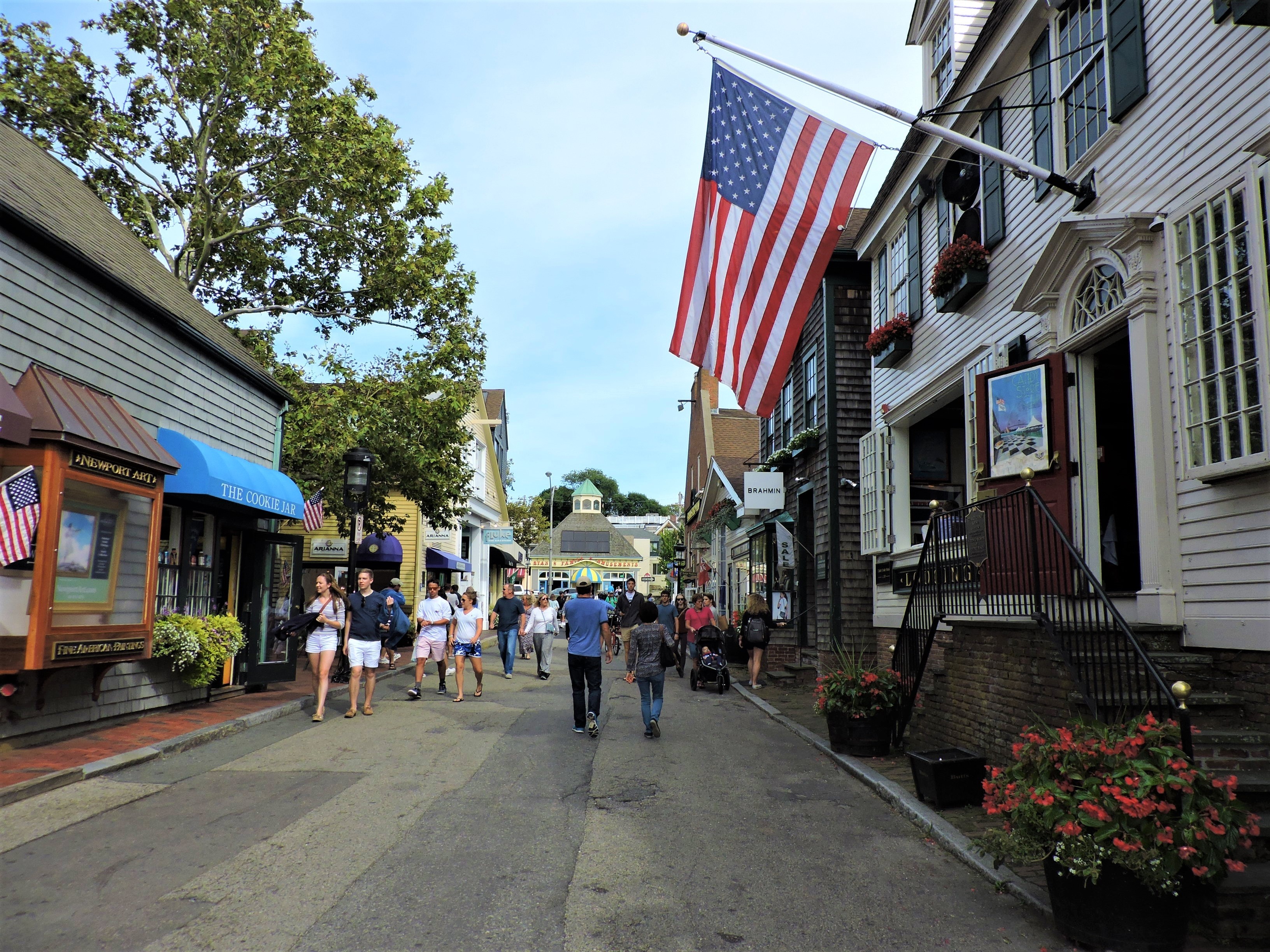 A charming street view in Newport Rhode Island, showcasing historic buildings and a glimpse of the ocean, capturing the essence of a pet-friendly travel destination.