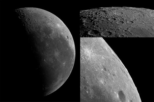 Three consecutive month views from early 2018 of approximately the same phase of the moon in Lik's "Bella Luna" as it would appear at 10-degrees above the horizon from southern Utah. You can see the shadow is on the top right and the moon's North Pole is to the top left. Source: Starry Night Pro.