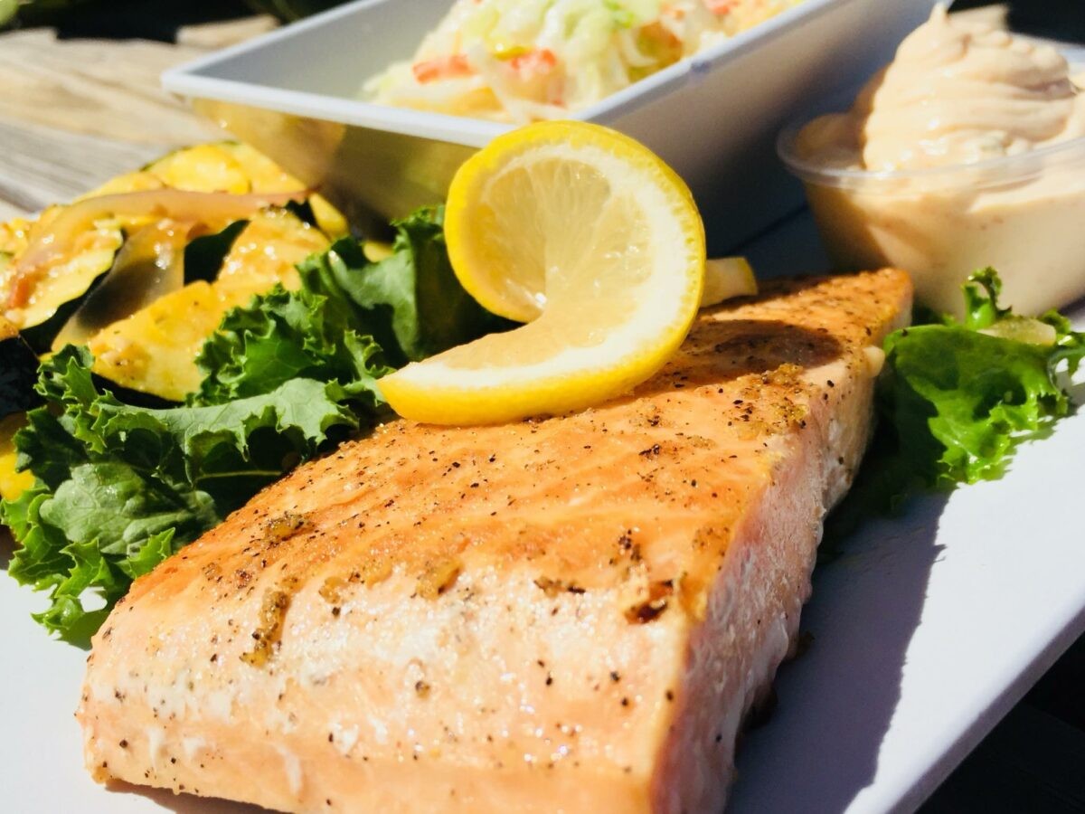 Grilled Salmon at Rick's Reef St. Pete Beach, showcasing fresh seafood options.