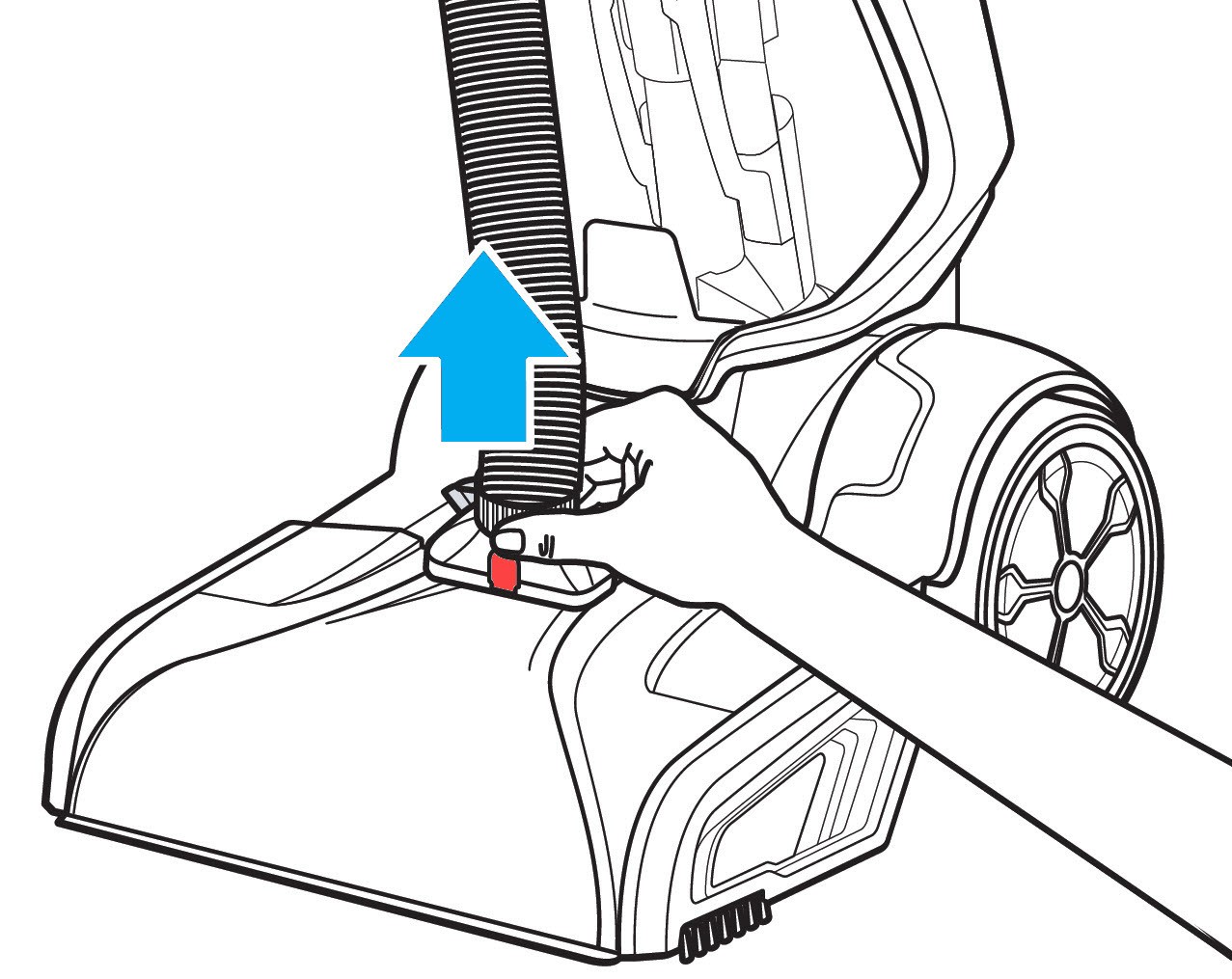 Removing the hose from the foot of a Bissell ProHeat 2X Revolution Pet Pro by pressing the release button