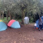 Hikers at Mti Mkubwa Camp in red and green tents, with a toilet tent and dining tent, showcasing the campsite setup