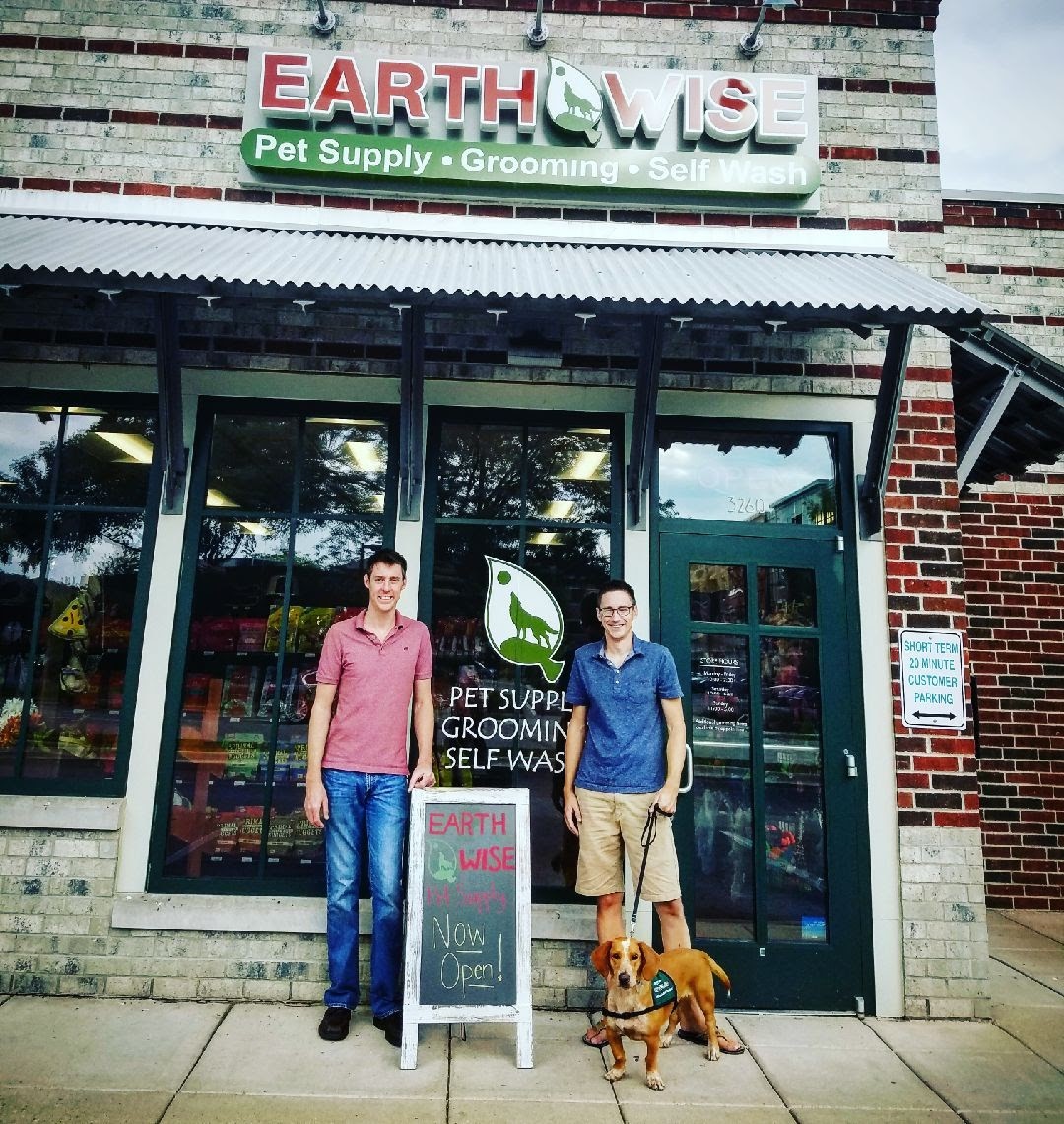 Store Owners Jeff, Tim, and dog Siena on opening day, August 2017