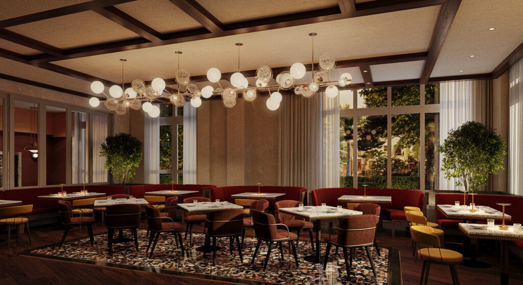 Interior rendering of Juno & Peacock restaurant in St. Pete, showcasing a spacious dining area with modern design.