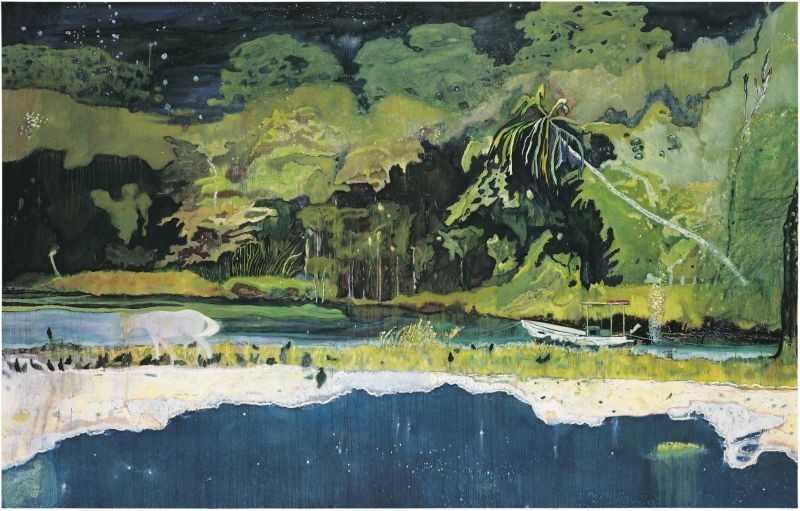 Peter Doig Grande Riviere, 2001-2002 oil on canvas painting, showcasing his large format and distinctive color palette, evoking a sense of nature's overwhelming presence