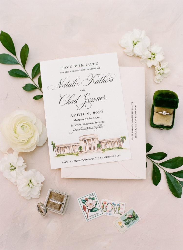 Bride's watercolor save-the-date card for MFA St. Pete wedding