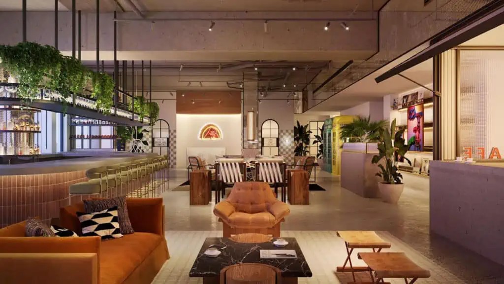 Rendering of Moxy Hotel lobby bar and seating area