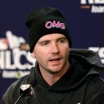 Pete Alonso, New York Mets first baseman, speaking at a press conference at Citi Field