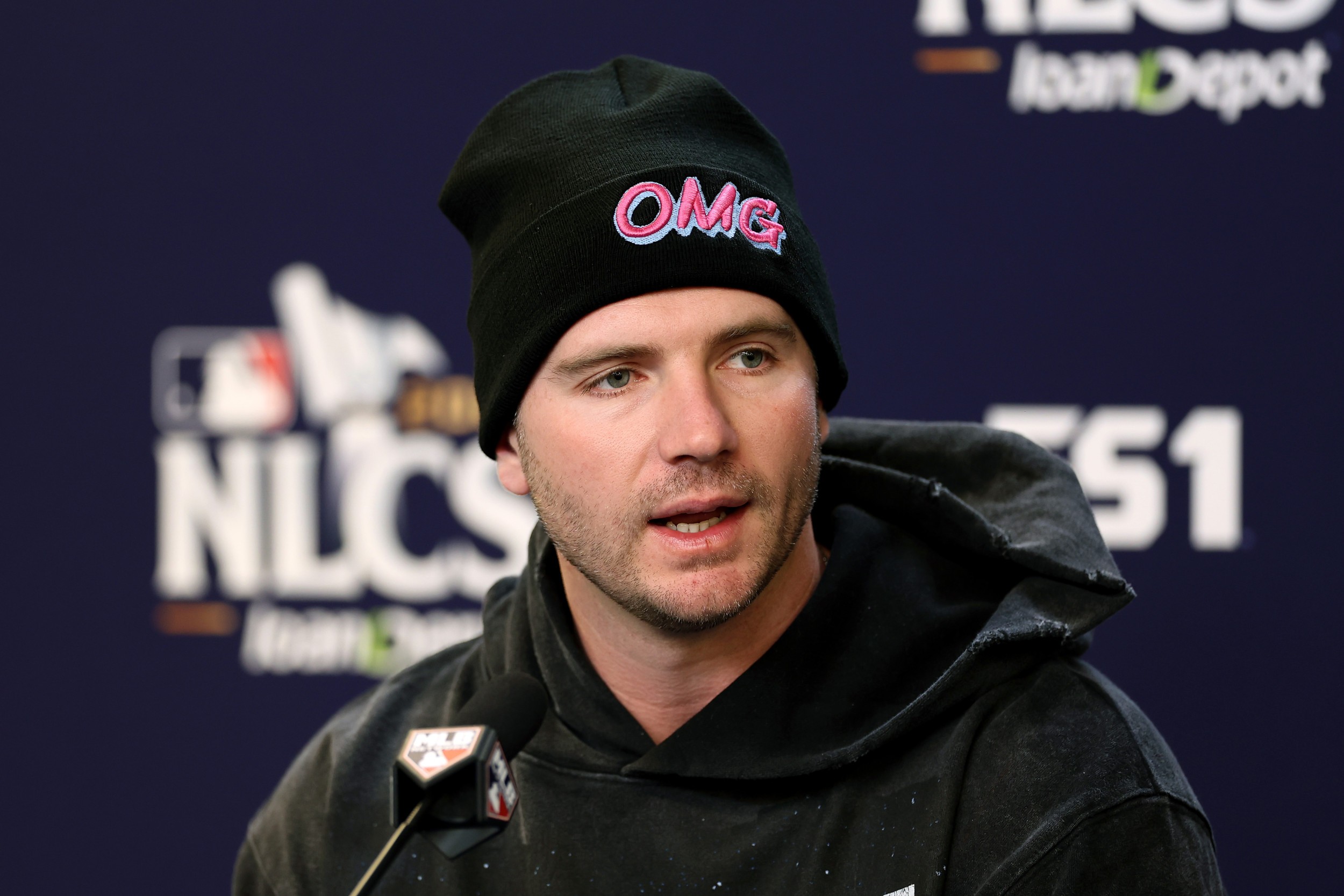 Pete Alonso, New York Mets first baseman, speaking at a press conference at Citi Field