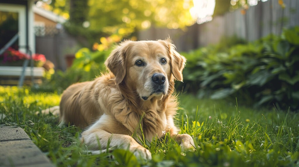 A dog stands in a yard, representing the common concern of pet owners regarding the safety of outdoor pest control products like Ortho Home Defense for their animals.