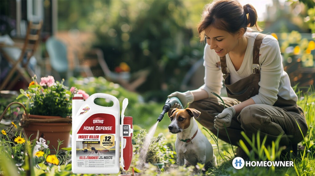 A woman sprays Ortho Home Defense around the perimeter of her garden while her dog is nearby, highlighting the question of whether Ortho Home Defense is safe for pets.