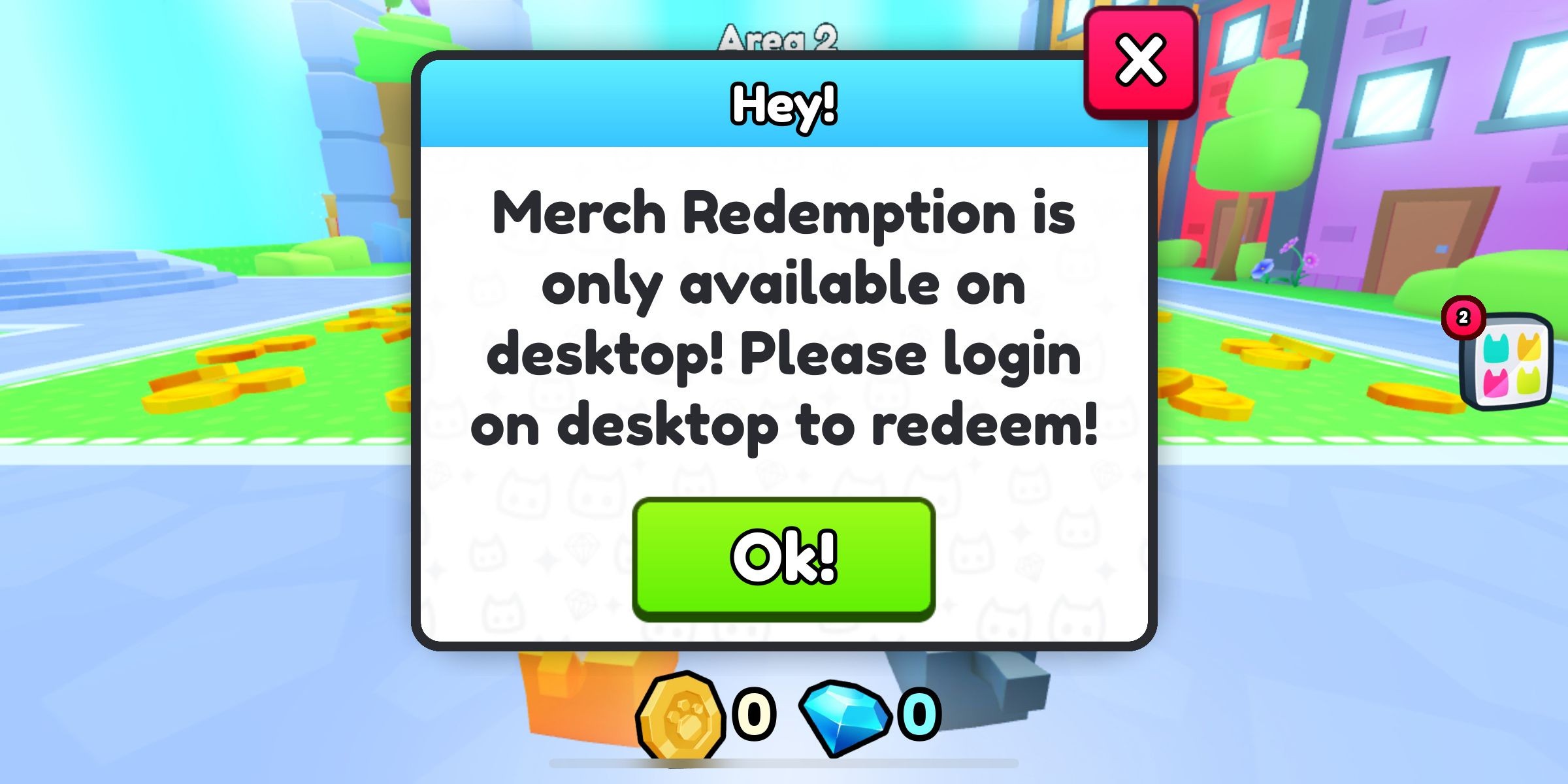 Pet Simulator 99 mobile code redemption restriction notice