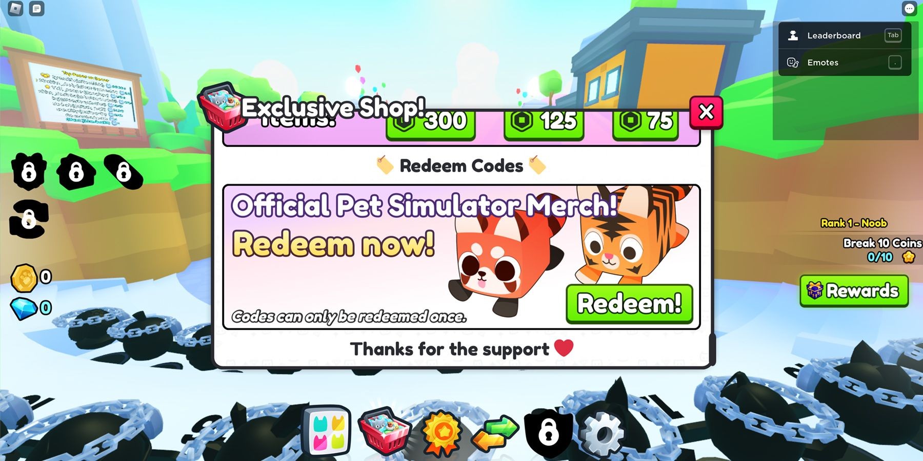 Pet Simulator 99 merchandise codes redemption screen