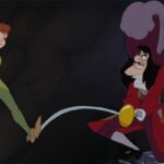 Disney Peter Pan film characters Wendy, John, and Michael Darling flying with Peter Pan and Tinkerbell to Neverland