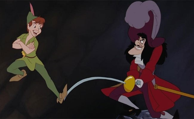 Disney Peter Pan film characters Wendy, John, and Michael Darling flying with Peter Pan and Tinkerbell to Neverland