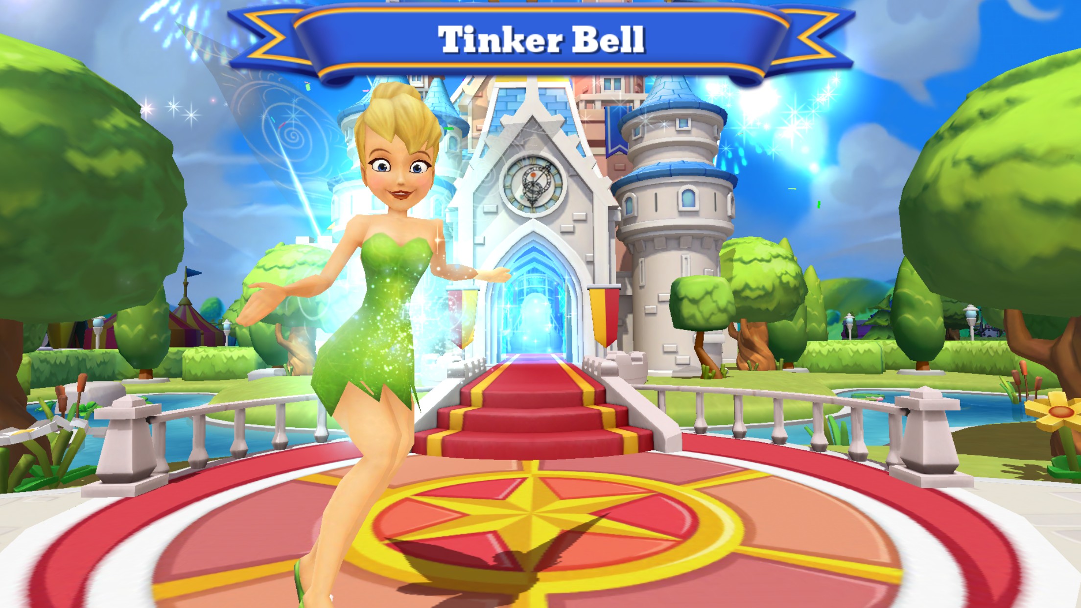 A screenshot from Disney Magic Kingdoms game showing park visitors and attractions