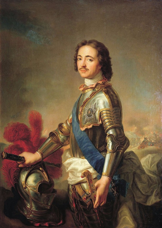 Peter the Great portrait by Jean-Marc Nattier, highlighting his Westernized appearance and regal authority, reflecting his ambition to modernize Russia and align it with European powers.