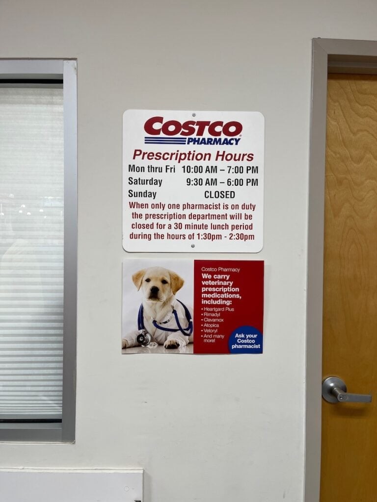 Sign about pet meds options at Costco.