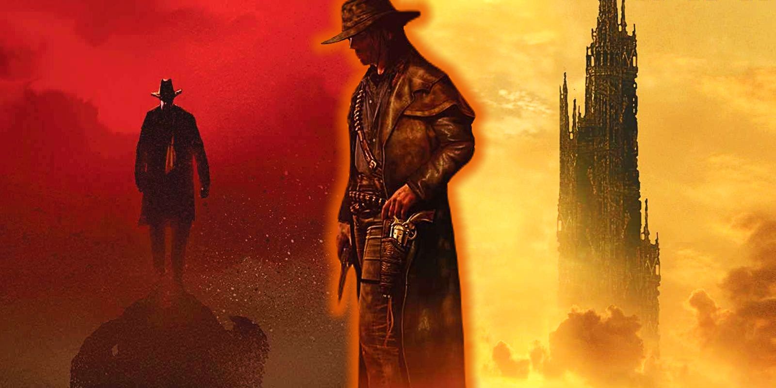 Stephen King's Dark Tower series books, showcasing the Gunslinger, Roland Deschain, highlighting connections to The Talisman and Peter Straub's influence.