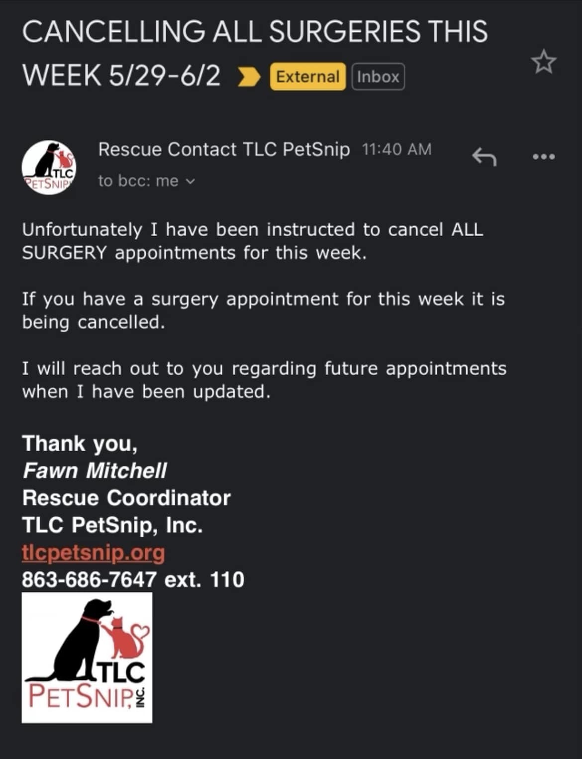 Facebook post from Dr. Weedon announcing resignations and TLC Pet Snip clinic closure