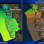 Tonight's weather forecast for St. Petersburg, Florida, showing increasing cloudiness and a chance of showers north of the area.