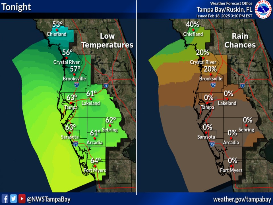 Tonight's weather forecast for St. Petersburg, Florida, showing increasing cloudiness and a chance of showers north of the area.