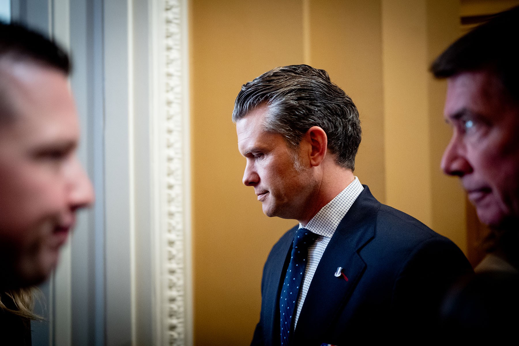 Pete Hegseth arrives for a meeting with Senate Minority Whip John Thune at the Capitol