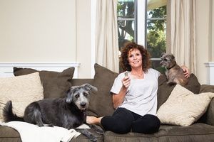 A female house pet sitter watching tv with two pet dogs, showing the interaction and care provided to pets during house sitting