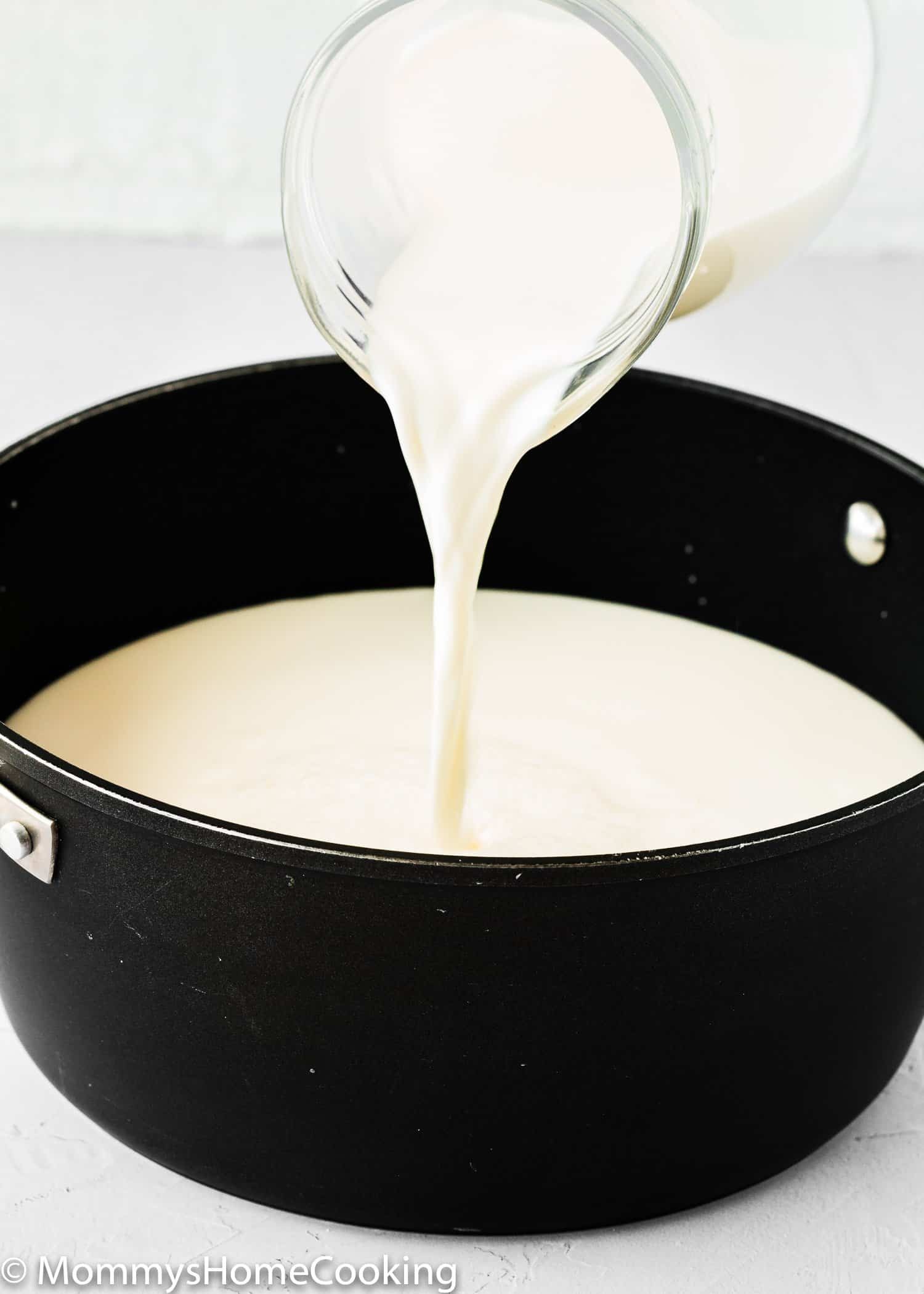 Mixing homemade pet milk ingredients in a bowl.