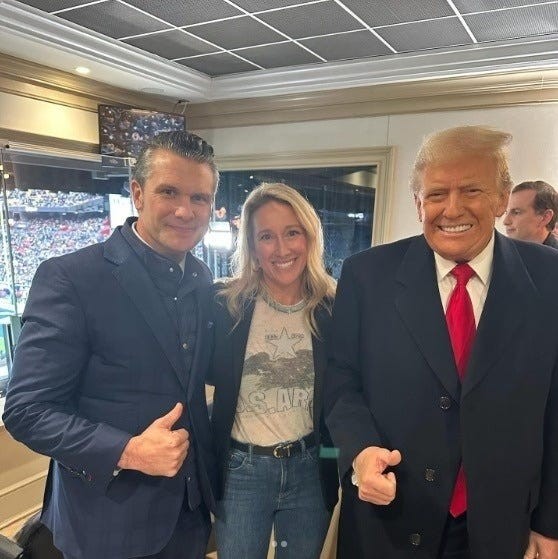 Pete and Jen Hegseth with President-Elect Donald Trump at the Army-Navy game illustrating family support and public life balance.