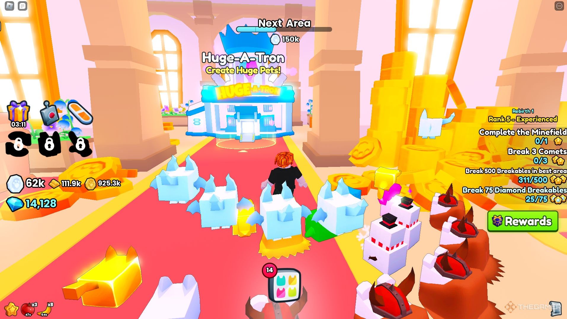 Approaching the Huge-A-Tron in Roblox Pet Simulator 99, a machine for exchanging pets for Huge Eggs