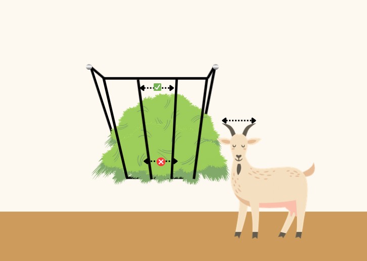 Drawing of a wall mounted hay feeder with vertical bars and a goat standing nearby. A line measuring the width of the goat