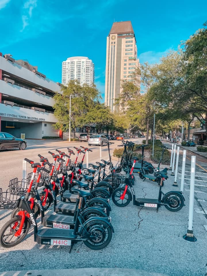 Scooter parking area in downtown St. Pete provides convenient access for exploring the city.