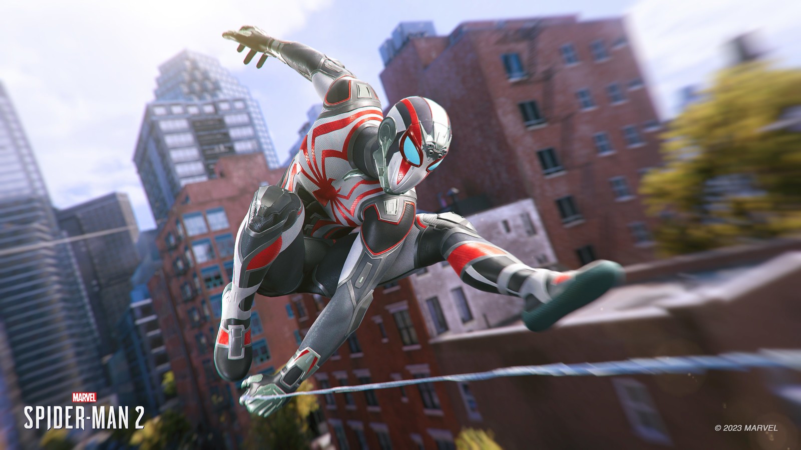 Peter Parker wears the Tactical Suit in Spider-Man 2 on PS5.